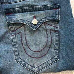 True Religion Men's Dark Slim Straight Jeans Horse Shoe Purple Silver Hardware